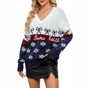 Coolmee Women's Christmas Knitted Sweater Cedar Snowflake Patterns V Neck Long Sleeve Floral Printed Pullover Tops - 1 of 4