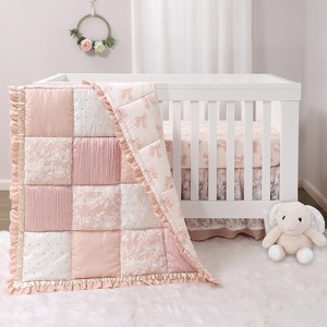 The Peanutshell 3 Piece Baby Crib Bedding Set for Girls - Cotton Fitted Crib Sheet, Layered Dust Ruffle, Comforter, Pink, Gold, Floral - Grace - 1 of 4