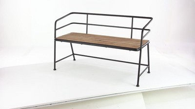 Industrial Black Metal and Brown Wood Slat Bench