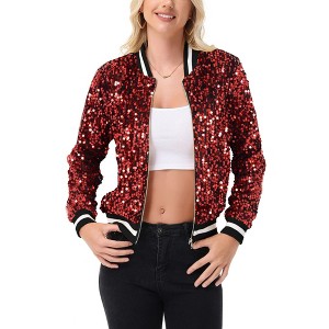 Anna-Kaci Women's Sequin Bomber Jacket with Ribbed Trim and Front Zipper Closure - 1 of 4