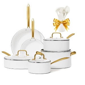Itopfox 16-Piece Nonstick Ceramic Cookware Set with Cooking Utensils Oven & Dishwasher Safe White Gold Pots & Pans for All Stovetops Except Induction - 1 of 4