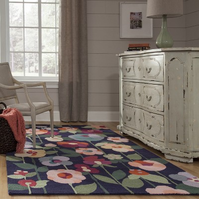 Navy Blue Floral Hand-Tufted Wool Rug, 2' x 3'