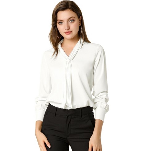 Allegra K Women's Long Sleeve Pleated Tie Neck Office Blouses White Medium