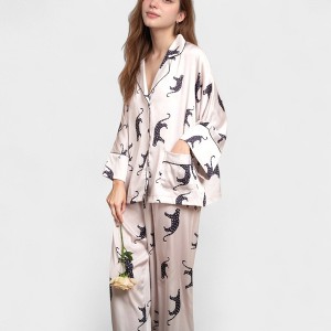 Anna-Kaci Lounge Women's Cat Print Satin Pajama Set Long Sleeve Button-Up Top with Elastic Waist Full-Length Pants - 1 of 4