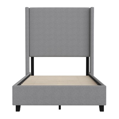 Quinn Twin Gray Linen Upholstered Platform Bed with Wingback Headboard