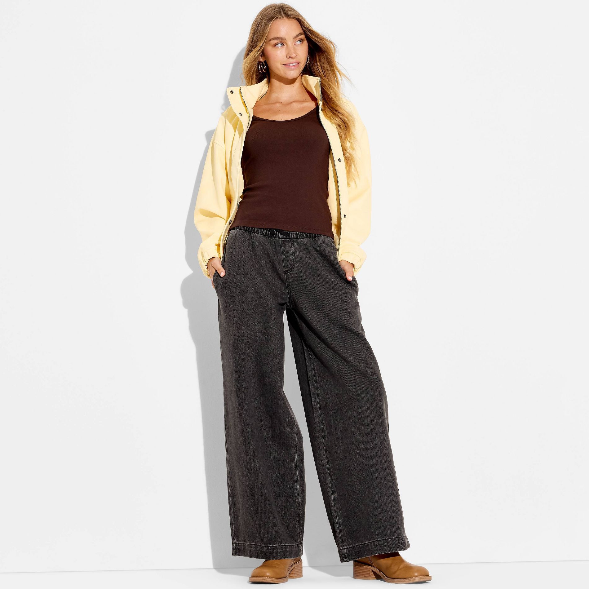 Women's Mid-Rise Baggy Leg Easy Pull-On Jeans - Wild Fable™