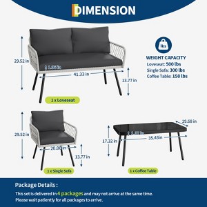 4-Piece Iron Rattan Sectional Sofa Set with Cushions, 2 Single Sofa, Tempered Glass Table Top Coffee Table, Chemical Fiber Cloth Upholstery - 1 of 4