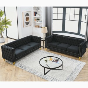 TiramisuBest Velvet Sofa for Living Room,Tufted Square Arm Couch, Modern Couch Upholstered Button and Metal Legs, Sofa Couch for Bedroom, Black,2PCS - 1 of 4