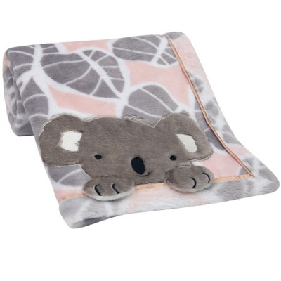 Lambs & Ivy Calypso Pink/Gray Koala Leaf Print Luxury Coral Fleece Baby Blanket