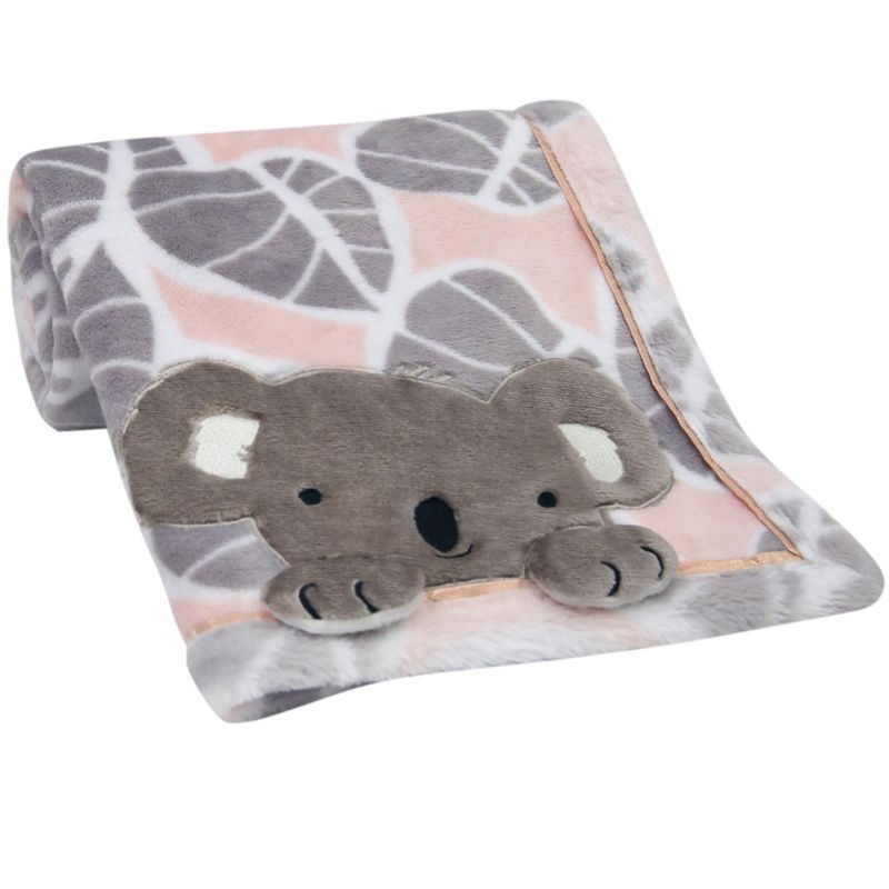 Lambs & Ivy Calypso Pink/Gray Koala Leaf Print Luxury Coral Fleece Baby Blanket, 1 of 5