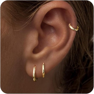 Small Sterling Silver Huggie Hoop Earrings Set for Women, 14K Gold Plated Hoops Stacks for Multiple Piercings