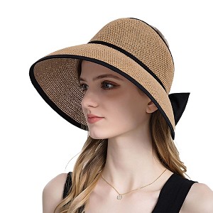 Anna-Kaci Womens Roll Up Straw Sun Visor Wide Brim Bow Detail Adjustable UV Protection Packable Summer Hat - 1 of 4