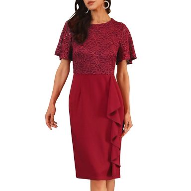 INSPIRE CHIC Women's Sequin Lace Short Sleeve Bodycon Cocktail Midi Dress Red Large
