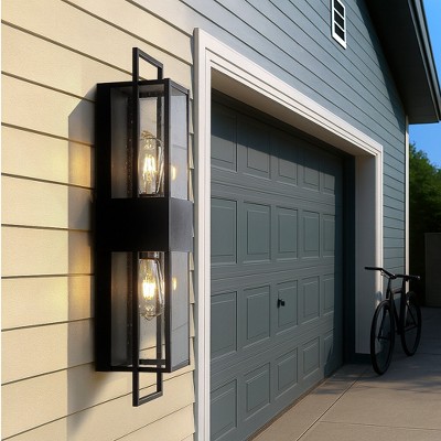 ALOADECOR Modern Outdoor Black Wall Light with Dusk to Dawn Sensor with Seeded Glass Waterproof Sconce for Entryway (¨2 Pack)