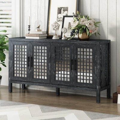 Sideboard Buffet Cabinet, Kitchen Pantry Cabinet W/2 Adjustable Shelves, 4 Doors, Closed Texture Pattern, Retro Mirror Dining Cabinet for Living Room