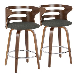 Set of 2 26" Fabric Mid-Century Modern Barstools with Wood Legs, Round Chrome Footrest, and 360¡ã Swivel for Kitchen or Home Bar - 1 of 4