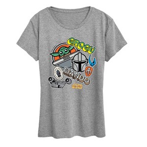 Women's - Star Wars - The Mandalorian Mando Grogu Stickers Short Sleeve Graphic T-Shirt - 1 of 4