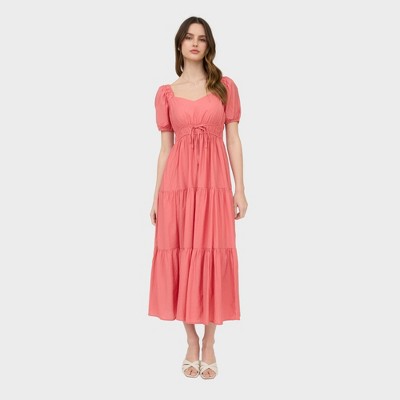 August Sky Women's V-Neck Mock Waist Ties Tiered Midi Dress