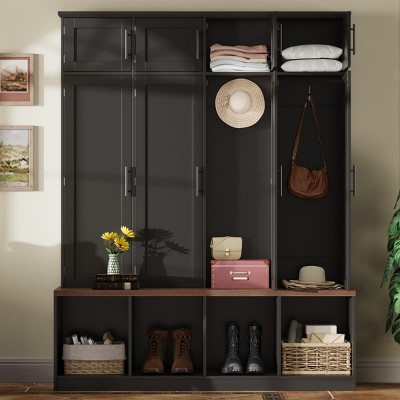 Entryway Hall Tree with Bench and Storage Cabinets, Hidden Hooks, Farmhouse Style Shoe Organizer with Compartments-The Pop Home