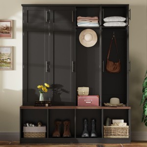 Entryway Hall Tree with Bench and Storage Cabinets, Hidden Hooks, Farmhouse Style Shoe Organizer with Compartments-The Pop Home - 1 of 4