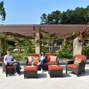 HOMLUX Outdoor Patio Furniture Conversation Set 5 Pieces All Weather Wicker High Back Couch with Ottomans - 1 of 4