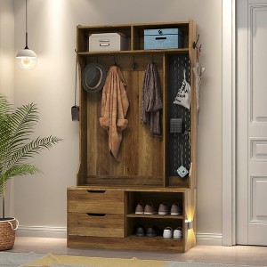 Retro Hall Tree, Coat Rack with Shoe Rack Bench and Coat Hooks for Hanging Storage - 1 of 4