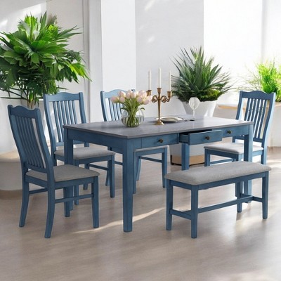 Mid-Century 6-Piece Dining Table Set with Bench & Upholstered Chairs, Vintage 2-Tone Finish, Storage Drawer, Rubberwood Frame