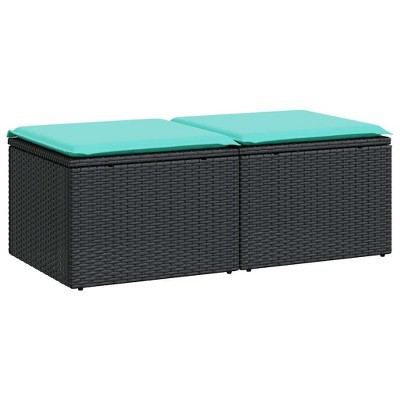 vidaXL 2 Piece Black Patio Sofa Set/Outdoor Lounge - Durable Poly Rattan/Acacia with Storage and Blue Cushions for Garden/Terrace