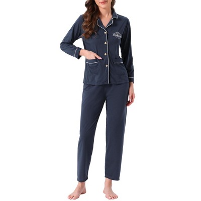 INSPIRE CHIC Women's Lounge Set Cotton Ribbed Button Up Long Sleeve Pants Pattern with Pocket Pajama Set Loungewear