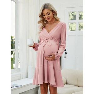 Coolmee Women V-neck Long Lantern Sleeve Waist Tunnel Drawstring Knee Length Maternity Dress Breastfeeding Dress - 1 of 4