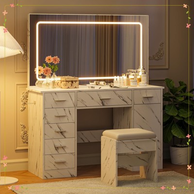 Vanity Desk with Large Mirror and Lights, Makeup Vanity with Charging Station