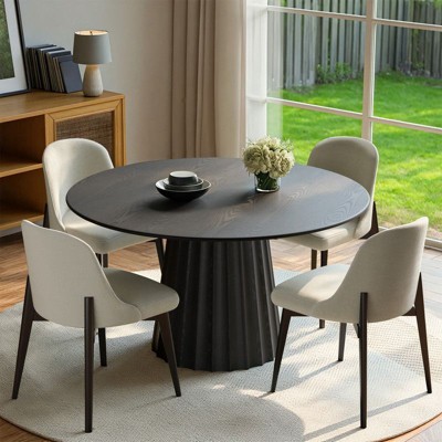 PexFix 46" Modern Round Dining Table Set with 4 Upholstered Chairs Black Textured Wood Top Pleated Pedestal Base Beige Seats for Kitchen Dining Room