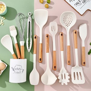 SUGIFT 13pc Silicone Kitchen Utensils Set with Wooden Handles with Storage Busket - 1 of 4