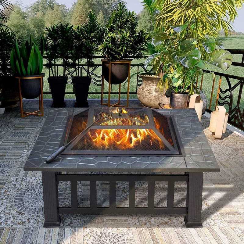 SINGLYFIRE 32 Inch Fire Pit with Table for Outside Square Metal Firepit Black, 2 of 8