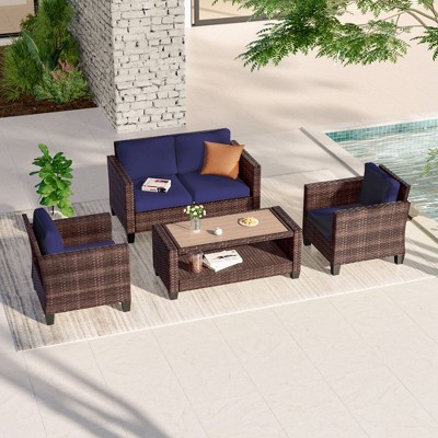 Sonkuki 4 Pieces Patio Conversation Set, Loveseat Sofa with Coffee Table, All-Weather PE Rattan Wicker Sofa