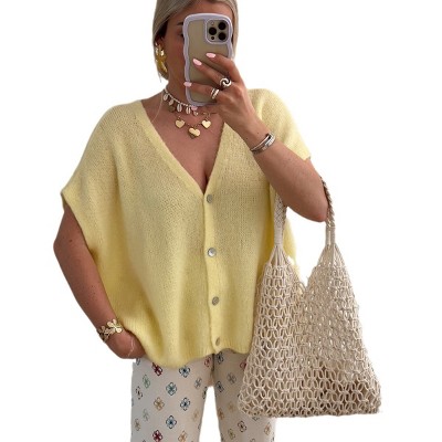 Womens Oversized Cardigans Short Batwing Sleeve Button V Neck Casual Knit Lightweight Sweater Tops