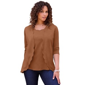 Roaman's Women's Plus Size Scalloped Cardigan And Tank Set - 1 of 4