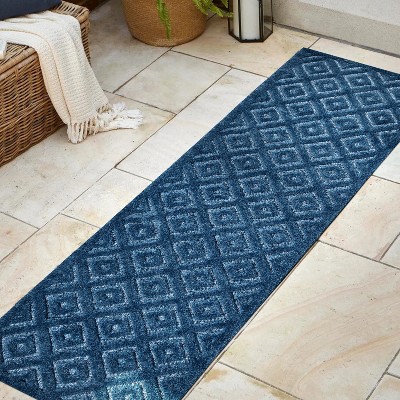 Navy Geometric Washable Indoor/Outdoor Runner Rug