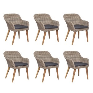 vidaXL 7 Piece Outdoor Patio Dining Set - Poly Rattan and Solid Acacia Wood - Complete with Cushions and 6 Chairs - Brown and Dark Gray - 1 of 4