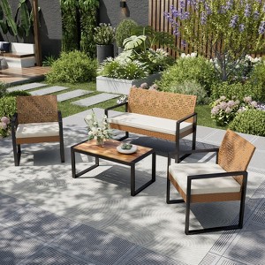 Captiva Designs Outdoor Patio 4 Pieces Wicker Porch Furniture Small Rattan Couch Set with Wood Table for Backyard - 1 of 4