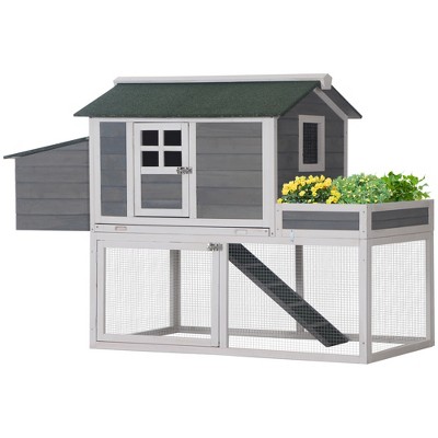 PawHut 63" Wooden Chicken Coop Hen House Poultry Cage for Outdoor Backyard with Raised Garden Bed, Run Area, Nesting Box and Removable Tray