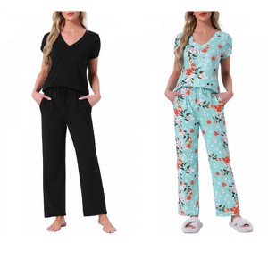 INSPIRE CHIC Women's 2 Pcs Short-Sleeve V-neck Tee & Drawstring Pants Pajama Sets with Pockets - 1 of 4