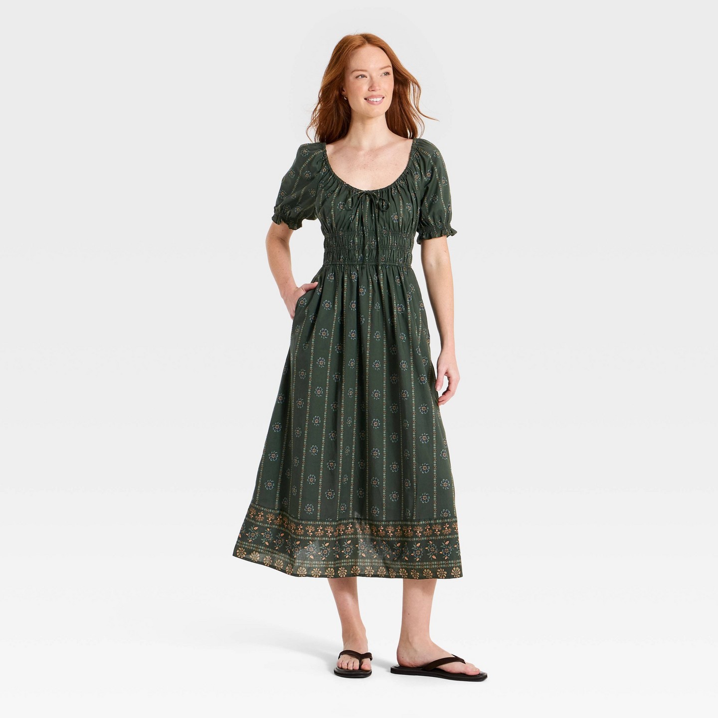 Женское платье Universal Thread Balloon Short Sleeve Printed Maxi Sundress, цвет: Зелёный — фото 1