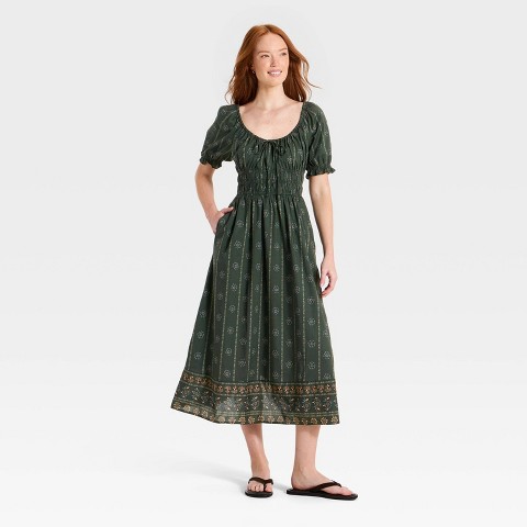 Женское платье Universal Thread Balloon Short Sleeve Printed Maxi Sundress, цвет: Зелёный
