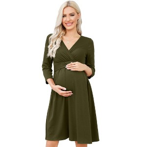 Coolmee Women's Maternity Casual Midi Dress 3/4 Sleeve V-Neck A-Line Dress Church Swing Semi Formal Dresses for Babyshower - 1 of 4