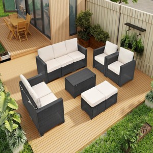 10-Piece PE Rattan Patio Seating Set,Patio Conversation Set With Cushions And Tempered Glass Top Table,Patio Sectional Sofa -Maison Boucle - 1 of 4