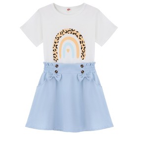 Girls 2pcs Cute Color Printed Short Sleeve Shirt and Elastic High Waist Bow A-line Skirt Sets - 1 of 4
