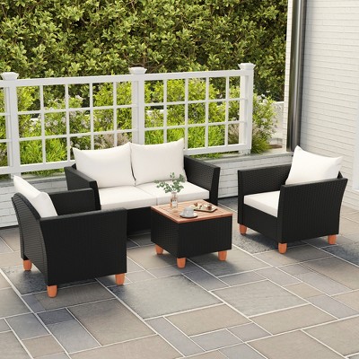 Tangkula 4 Piece Outdoor Conversation Set Patio Cushioned Chairs w/ Storage Coffee Table