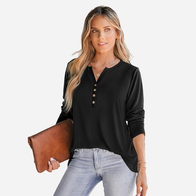 Women's Slub Knit Long Sleeve Henley Tee Top -Cupshe