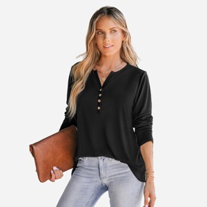 Women's Slub Knit Long Sleeve Henley Tee Top -Cupshe - 1 of 4